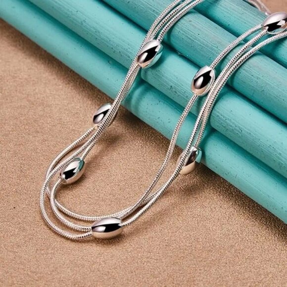NWT Beaded Layered Chain Necklace S925 Silver 17" Minimalist Contemporary - Picture 1 of 10